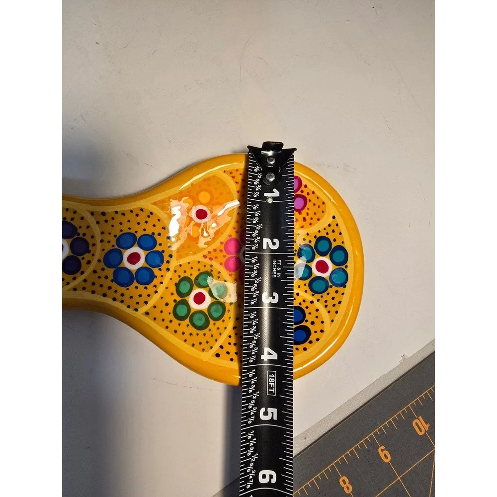 Hand Painted Ceramic Spoon Rest Yellow Floral Dot Art Terracotta Glossy Glaze
